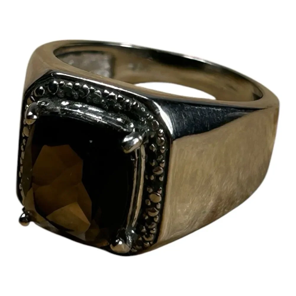Smoky Quartz Style Cushion Cut Mens Ring Silver Gold Two-Tone Size 9.75